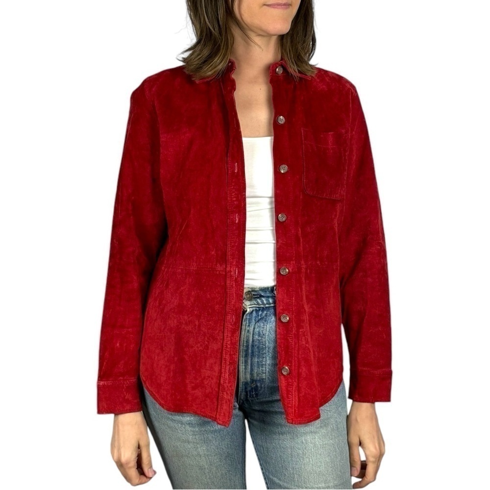 JONES NEW YORK CHERRY RED SUEDE LEATHER BUTTON DOWN COLLAR SHACKET SHIRT JACKET